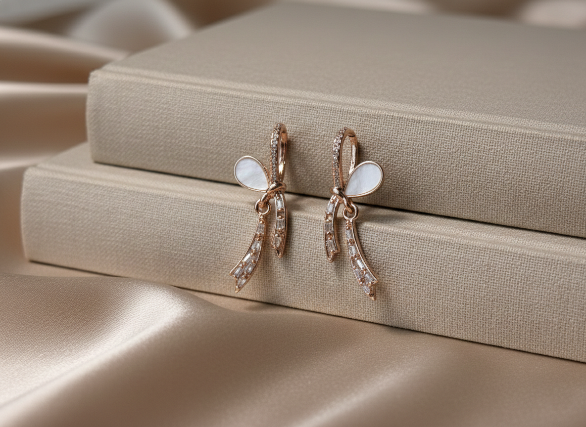 Ribbon Drop Earrings - Rose Gold