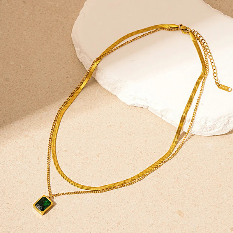 Emerald Grace Dual-Layer Necklace- Anti Tarnish