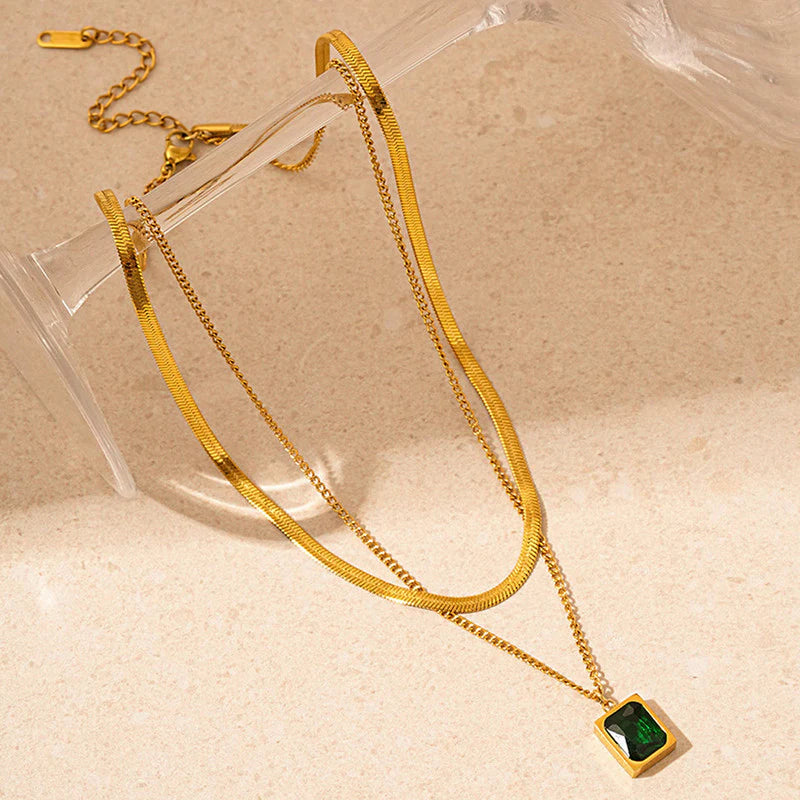 Emerald Grace Dual-Layer Necklace- Anti Tarnish