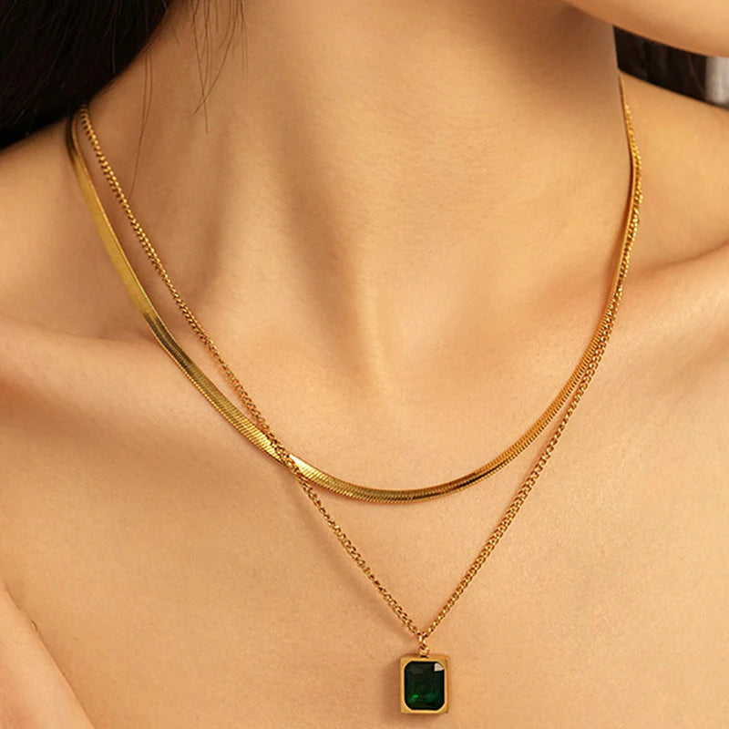 Emerald Grace Dual-Layer Necklace- Anti Tarnish