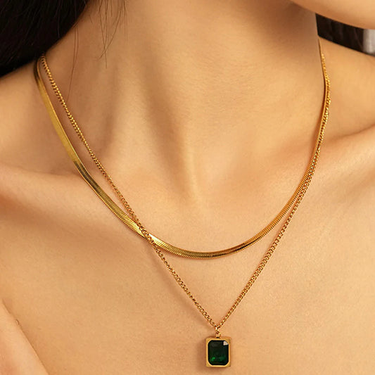 Emerald Grace Dual-Layer Necklace- Anti Tarnish